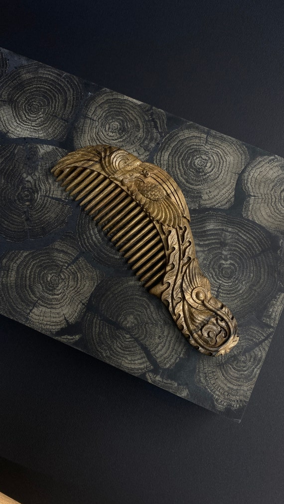 Carved phoenix hair comb with wide teeth in American walnut wood. Personalized hairbrush. A personalized gift for her. Hair growth comb