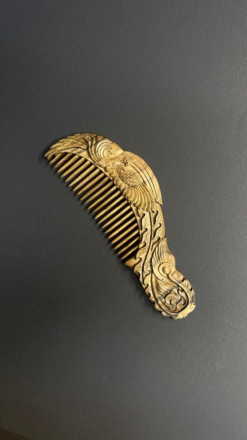 Carved phoenix hair comb with wide teeth in American walnut wood. Personalized hairbrush. A personalized gift for her. Hair growth comb image 5