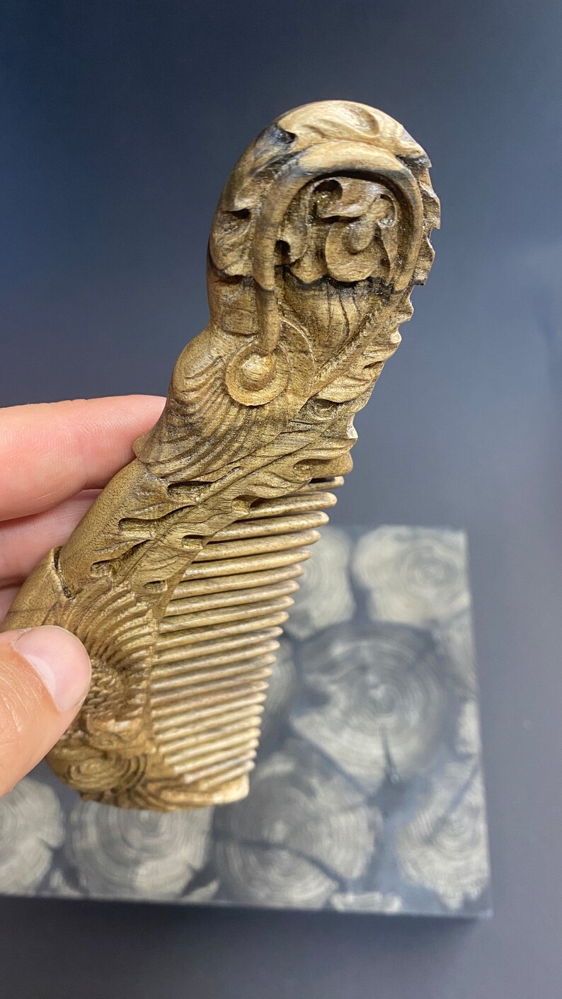 Carved phoenix hair comb with wide teeth in American walnut wood. Personalized hairbrush. A personalized gift for her. Hair growth comb image 7
