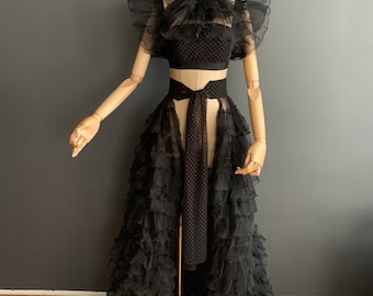 Handmade Black Ruffle Dress Set: Sheer Party Wear