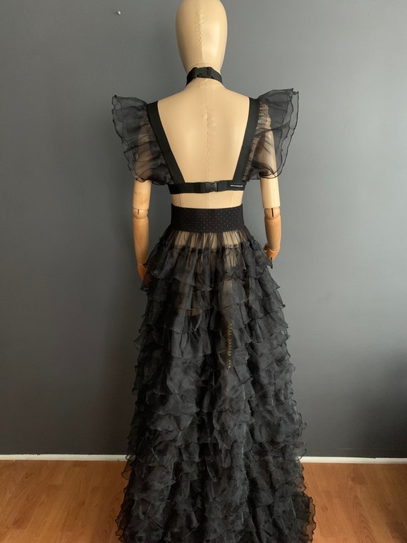 sheer black ruffle dress Handmade Black Ruffle Dress Set: Sheer Party Wear