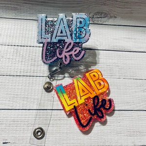 Lab life badge reel, lab badge reel, glitter id holder, retractable badge reel