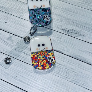 Happy pill badge reel, pharmacy badge reel, pharmacy tech badge holder, pharmacist id holder, glitter id holder, gift for pharmacy