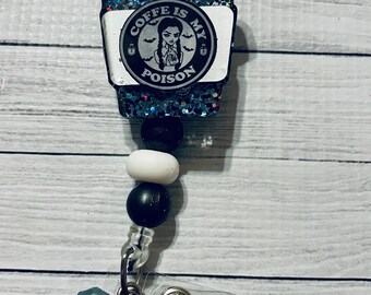 Coffee is my poison badge reel. coffee badge reel, spooky badge reel, glitter id holder, gift for nurse
