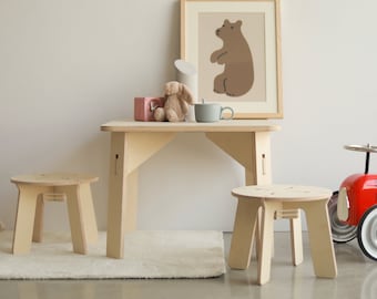 Spieltisch und Hocker aus Holz | Moderner Tisch und Hocker für Kleinkinder | Montessori Kindertisch und Hocker