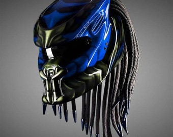 Casco de motocicleta personalizado Predator azul y negro, homologado DOT/ECE