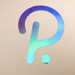 May include: A blue and green iridescent logo with a circle and a curved line forming the letter "P".
