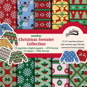 Maglione di Natale in carta digitale senza soluzione di continuità, brutto maglione lavorato a maglia, pacchetto di clipart PNG, motivo ripetuto a sublimazione, sfondo per scrapbooking commerciale