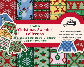 Christmas sweater digital paper Ugly seamless sublimation pattern PNG clipart bundle Commercial