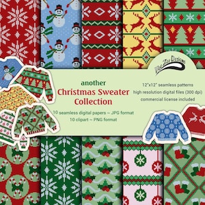 Maglione di Natale carta digitale brutto senza soluzione di continuità PNG clipart bundle pack Uso commerciale Sublimazione motivo sfondo Carta per scrapbooking