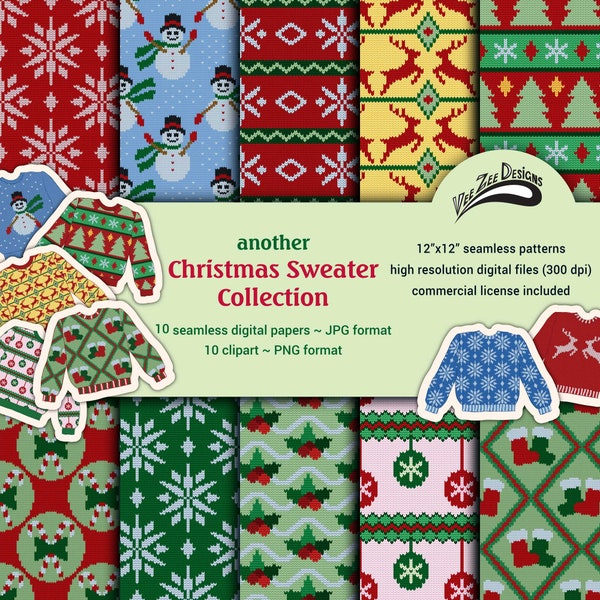 Christmas Sweater digital paper ugly seamless PNG clipart bundle pack Commercial use Sublimation pattern background Scrapbooking paper