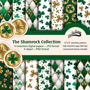 Papeles digitales de tréboles, trébol dorado sin costuras para sublimación del Día de San Patricio, imágenes prediseñadas PNG comerciales
