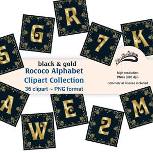 Lettres de l'alphabet décoratives illuminées clipart numérique PNG orné noir et or imprimable sous licence commerciale monogramme initial