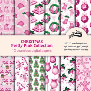 Pink Christmas digital papers Seamless pretty holiday sublimation repeating pattern Commercial