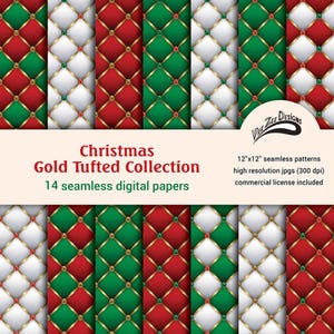 Könnte beinhalten: Ein Set mit 14 digitalen Papieren mit einem goldenen, gesteppten Design zum Thema Weihnachten. Die Muster sind nahtlos und in Rot, Grün und Weiß mit goldenen Akzenten gehalten. Die Papiere sind 30,5 cm x 30,5 cm groß und haben eine Auflösung von 300 dpi. Eine kommerzielle Lizenz ist enthalten.