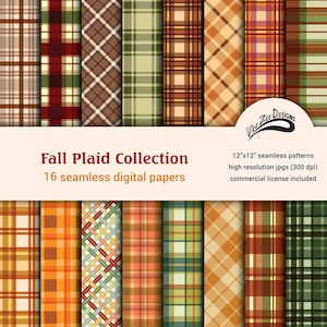 May include: A collection of 16 digital papers featuring various plaid patterns in autumnal colors like red, orange, brown, green, and yellow. The papers are 12 inches by 12 inches and 300 dpi.  Fall Plaid Collection, 16 seamless digital papers.