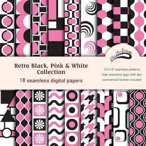 May include: Set of 18 digital papers featuring retro geometric patterns in black, pink, and white. Each paper is 30.5 cm by 30.5 cm and 300 dpi.  Commercial license included.