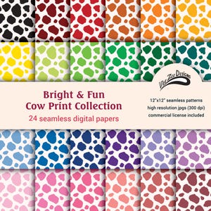 Pode incluir: Um conjunto de 24 papéis digitais com um padrão de estampa de vaca em várias cores brilhantes, incluindo preto, vermelho, laranja, amarelo, verde, azul, roxo, rosa e marrom. Os papéis são de 30,5 cm por 30,5 cm e têm alta resolução (300 dpi). Uma licença comercial está incluída.