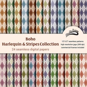 May include: A collection of 24 seamless digital papers featuring harlequin diamond and vertical stripe patterns in various colors. The text reads: Boho Harlequin & Stripes Collection, 24 seamless digital papers, 12"x12" seamless patterns, high resolution jpgs (300 dpi), commercial license included, Vee Zee Designs.