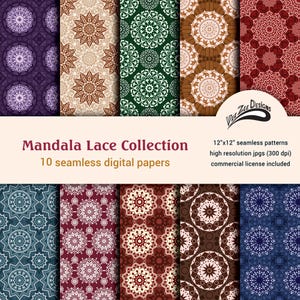 Puede incluir: Una colección de diez papeles digitales sin costuras con patrones de encaje mandala en varios colores. Los diseños presentan intrincados diseños florales en tonos de morado, marrón, verde y rojo. El texto dice "Mandala Lace Collection".
