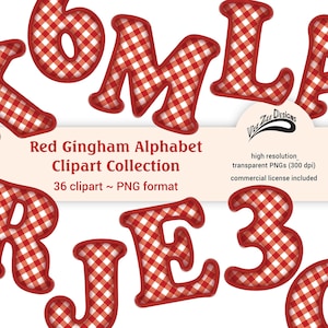 May include: A digital collection of alphabet letters and numbers featuring a red and white gingham pattern with a stitched red border. The text reads Red Gingham Alphabet Clipart Collection, 36 clipart, PNG format, high resolution, and Vee Zee Designs.