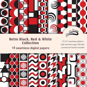 May include: Set of 18 digital papers featuring retro geometric patterns in black, red, and white. Each paper is 12 inches by 12 inches and 300 dpi.