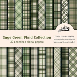 May include: A collection of sage green plaid patterns. The image displays 20 seamless digital papers with various plaid designs in shades of green and beige. The text reads "Sage Green Plaid Collection" and "12"x12" seamless patterns".