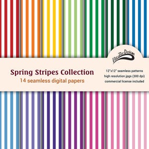 May include: A collection of 14 seamless digital papers with vertical stripes in various colors, including red, orange, yellow, green, blue, and purple. The papers are 12"x12" and high resolution. The text "Spring Stripes Collection" is displayed.