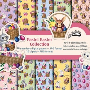 Whimsical Easter digital papers Seamless basket bunnies sublimation pattern clipart Commercial