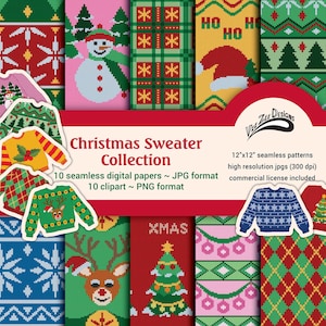 Christmas sweater digital paper Ugly seamless sublimation pattern PNG clipart bundle Commercial