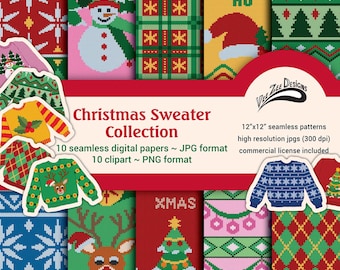 Christmas sweater digital paper Ugly seamless sublimation pattern PNG clipart bundle Commercial