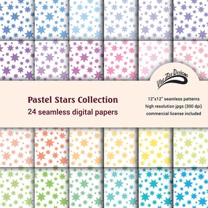 May include: A collection of 24 seamless digital papers featuring pastel star patterns in various colors, including blue, purple, pink, orange, yellow, and green. The patterns are 12"x12" high-resolution JPGs with a commercial license. The text "Pastel Stars Collection" is displayed.