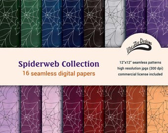 May include: A collection of 16 digital papers featuring a spiderweb pattern in various colors. The papers are 12 inches by 12 inches and are high resolution (300 dpi). A commercial license is included.