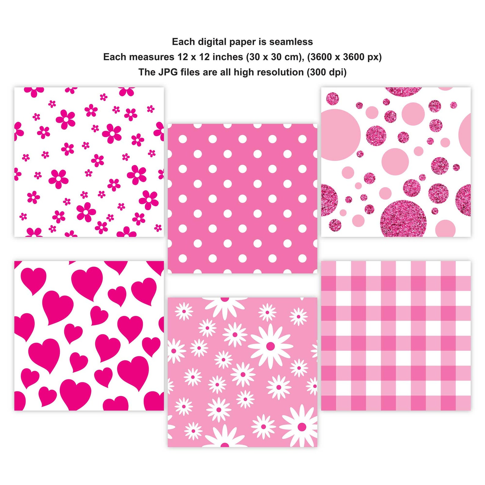 Pink Pattern Digital Papers Seamless Bows Stars Flowers Glitter ...
