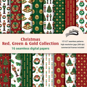 Red green gold Christmas pattern digital papers Seamless festive sublimation pattern Commercial