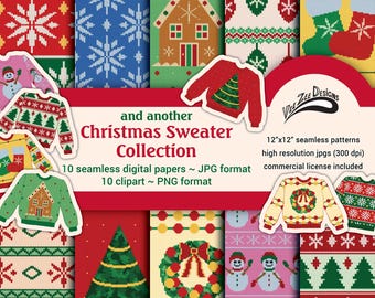 Christmas sweater digital paper Ugly seamless sublimation pattern PNG clipart bundle Commercial