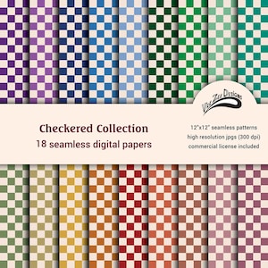 Puede incluir: Una colección de 18 papeles digitales sin costuras con un patrón de cuadros en varios colores, incluyendo morado, azul, verde y rojo. Los papeles miden 30,48 cm x 30,48 cm y tienen una alta resolución de 300 ppp. El texto dice "Checkered Collection".