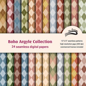 May include: A collection of 24 seamless digital papers featuring argyle patterns in various muted tones. The text reads: Boho Argyle Collection, 24 seamless digital papers, 12"x12" seamless patterns, high resolution jpgs (300 dpi), commercial license included.