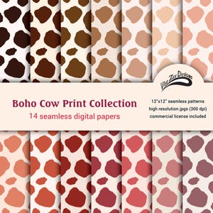 May include: A collection of 14 seamless digital papers featuring a boho cow print design. The patterns showcase various shades of brown, red, and pink cow spots on a white background. The text reads "Boho Cow Print Collection" and "12"x12" seamless patterns".