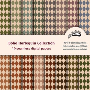 May include: A collection of 16 seamless digital papers with a harlequin pattern in various colors, including green, brown, and blue. The patterns are 12"x12" and high resolution. The collection is called Boho Harlequin.