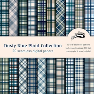 Dusty blue plaid digital papers Seamless muted boho tartan check sublimation pattern Commercial