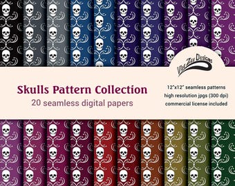Digitaal papier met doodskoppen, naadloos gotisch Halloween sublimatiepatroon, herhalend patroon, bundel, commercieel