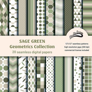 Puede incluir: Una colección de 20 papeles digitales sin costuras en verde salvia con varios patrones geométricos. Los diseños incluyen puntos, rayas, chevrones y más. El texto dice "SAGE GREEN Geometrics Collection" y "30,48 cm x 30,48 cm patrones sin costuras jpgs de alta resolución (300 ppp) licencia comercial incluida."