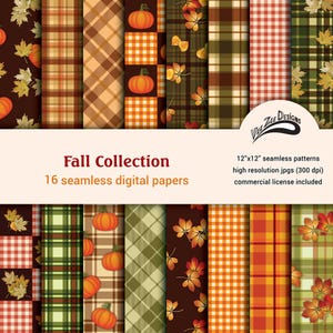 May include: A set of 16 digital papers featuring autumn-themed patterns. The patterns include plaid, gingham, and leaves in shades of brown, green, orange, and red. The papers are 30.5 cm by 30.5 cm and are high resolution (300 dpi). A commercial license is included.
