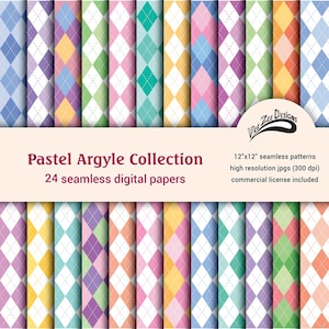 May include: A selection of 24 seamless digital papers featuring pastel argyle patterns in shades of blue, pink, yellow, green, and purple. The patterns are 30.48cm x 30.48cm and high resolution. The text "Pastel Argyle Collection" is displayed.