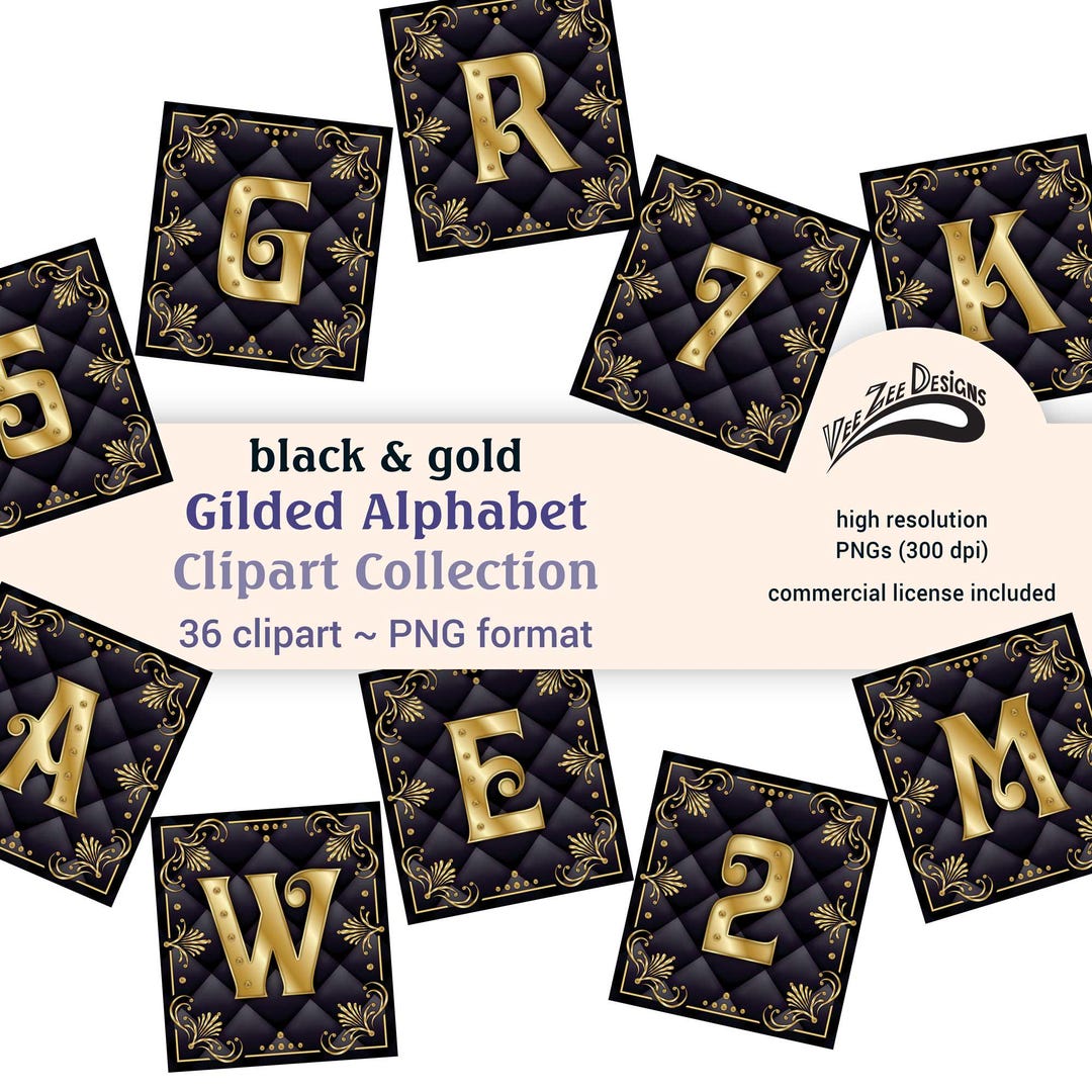 Black Gold Gilded Illuminated Alphabet Letters PNG Clipart Sublimation ...