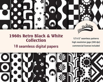 Retro black and white digital papers Seamless sublimation repeat pattern background Commercial license Geometric scrapbook paper bundle pack