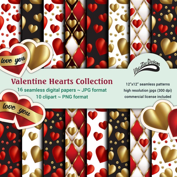 Valentines day digital papers seamless pattern bundle paper pack Commercial use Love gold hearts PNG clipart Sublimation repeat background