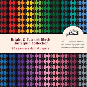 May include: A collection of 20 seamless digital papers with a harlequin pattern in various colors, including red, orange, yellow, green, blue, purple, pink, and gray. The patterns are 12"x12" and have a high resolution. The text reads "Bright & Fun with Black Harlequin Collection."
