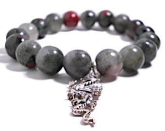 Blutstein-Drachen-Armband, Blutstein Perlen, 10mm Perlen, Heliotrop, Jasper, Sonnenstein, revitalisierende Energie, Drachen, viel Glück, Stärke, Schutz